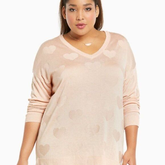Torrid Jacquard Blush Pink V-Neck Heart Pull Over Sweater Hi Lo Hem Plus Size 1X - Picture 1 of 16